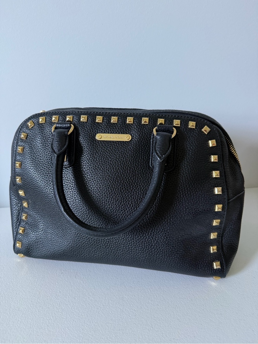 MICHAEL Michael Kors Black Pebbled Leather Studded Satchel Bag